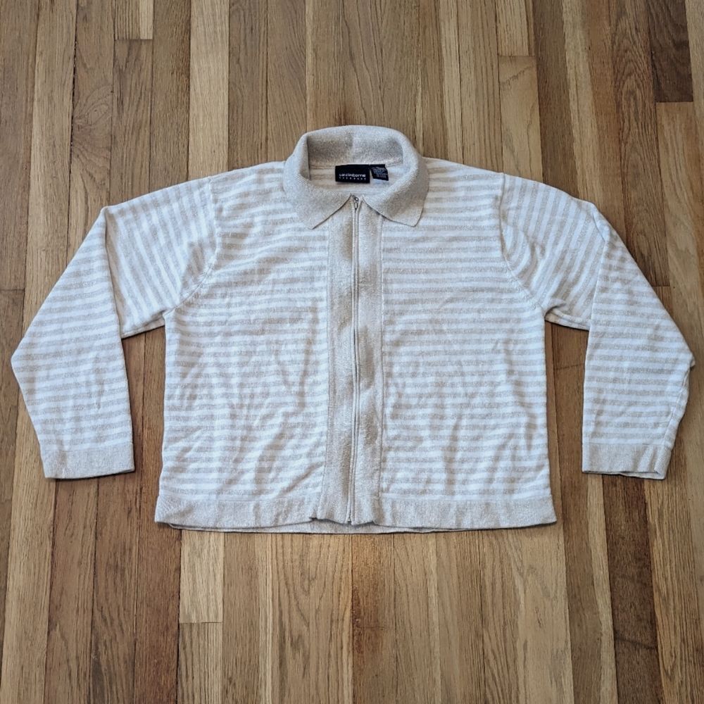 Liz Claiborne Tan and White striped zip up cardigan sweater